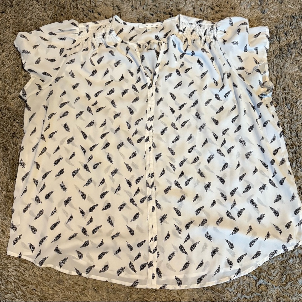 Fun 2 Fun Linnette Split Neck Smocked White and Black Feather Print Blouse